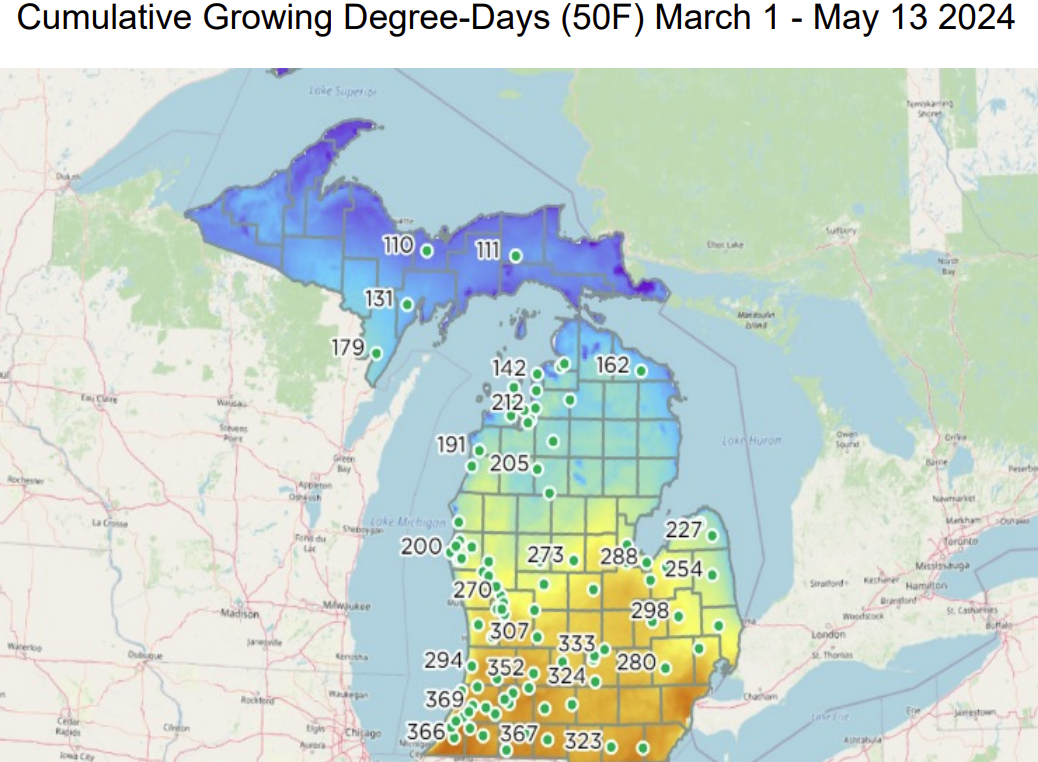 Map of Michigan showing cumulative growing degree-days by region.